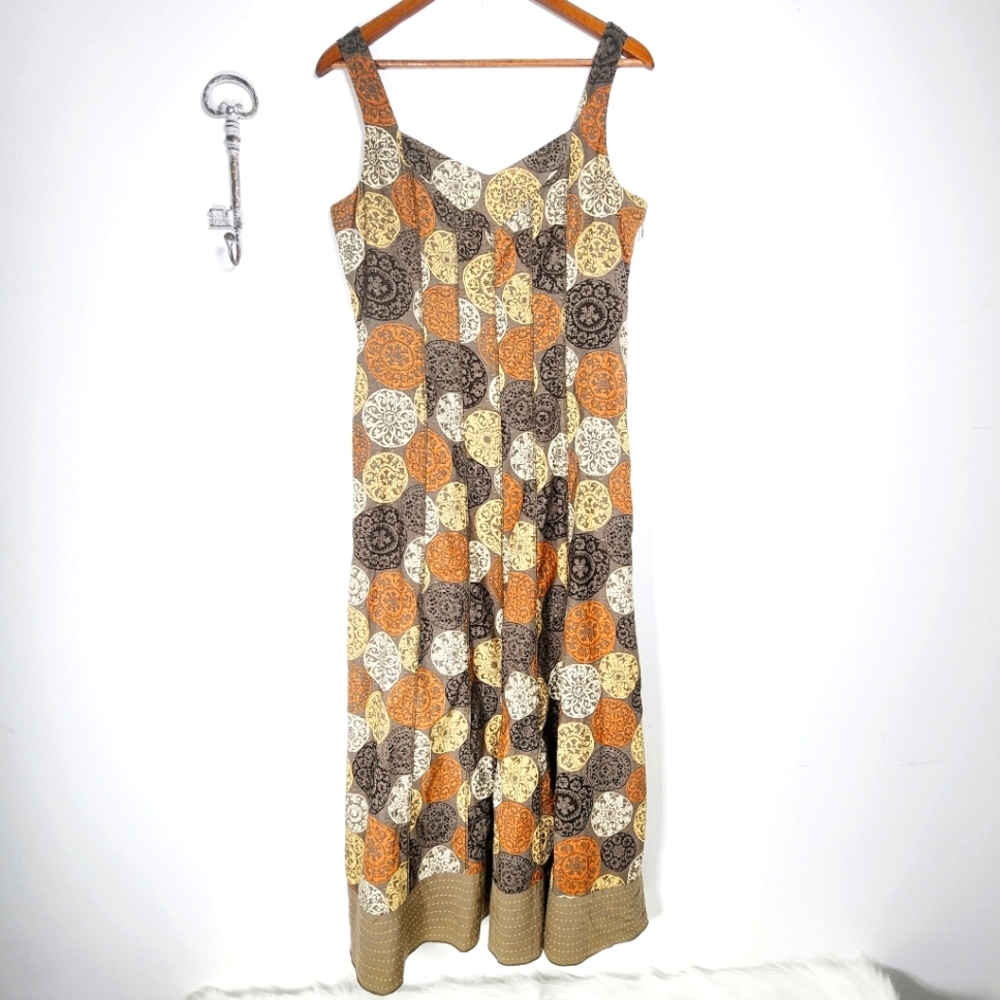Boho cottagecore neutral Medallion print summer cotton midi dress Size 8